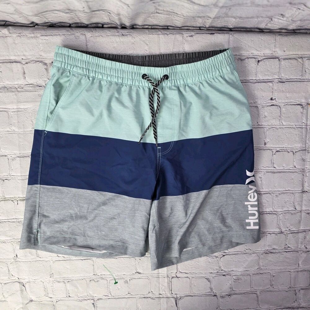 Y2K Hurley Men's Large Aqua-Blue-Gray Colorblock Stretch Board Shorts